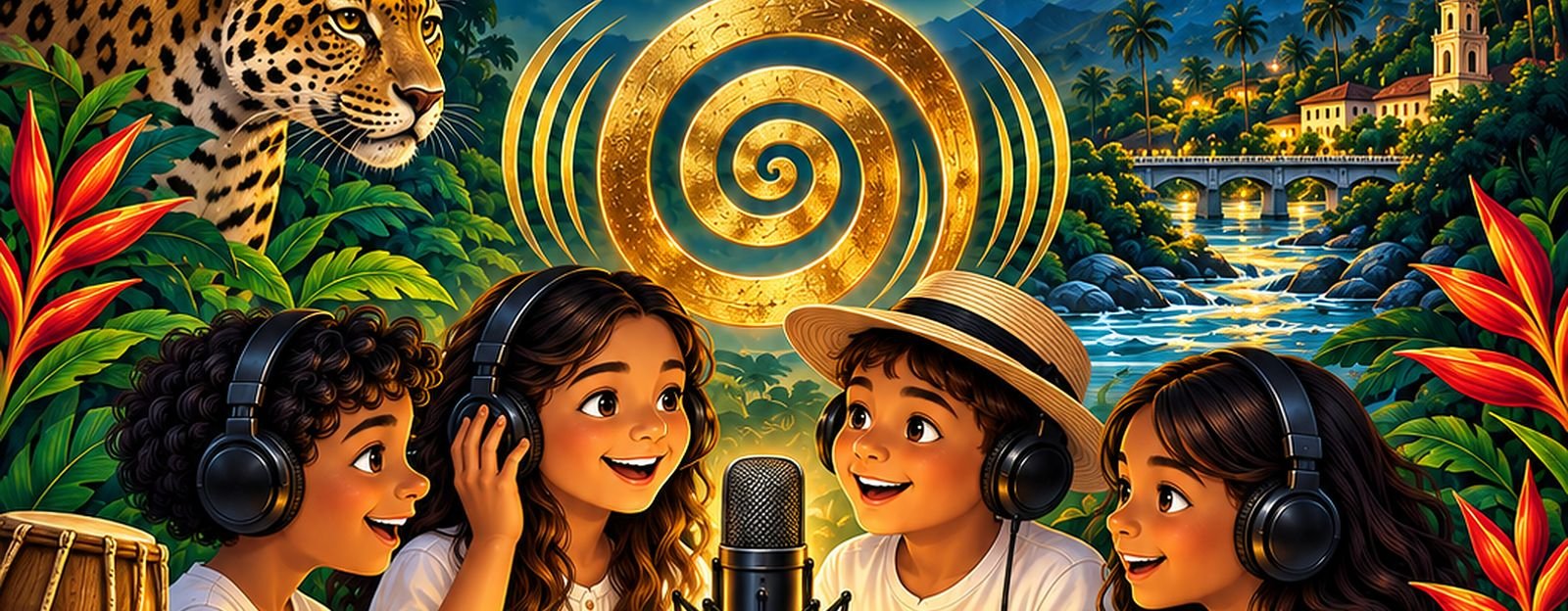 Niñas y niños con audífonos alrededor de un micrófono, frente a una espiral dorada, la selva y el río